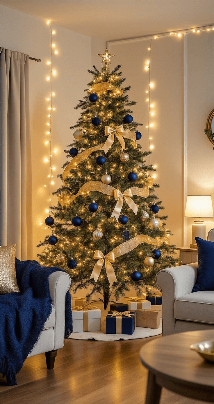 Cozy evening living room featuring a pre-lit artificial tree adorned with DIY navy and gold ornaments, vintage heirlooms, and champagne ribbon bows, styled with Ikea furniture, navy throw blankets, and gold accent pillows, all under warm ambient lighting with a soft cream wall and string light backdrop.