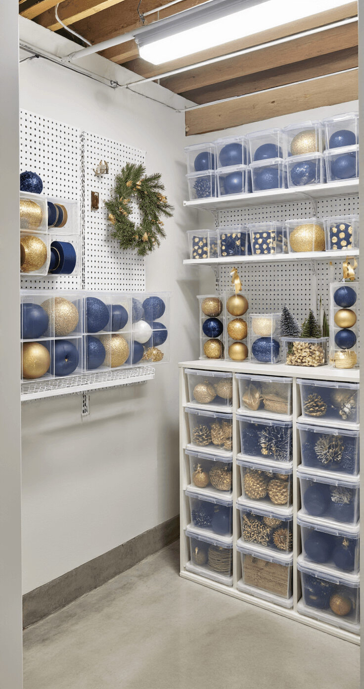 Organized basement utility room featuring clear plastic ornament storage boxes with navy and gold decorations, ribbon spools on pegboard wall, artificial pine picks in clear containers, clean concrete floors, white metal shelving units, and bright fluorescent lighting.