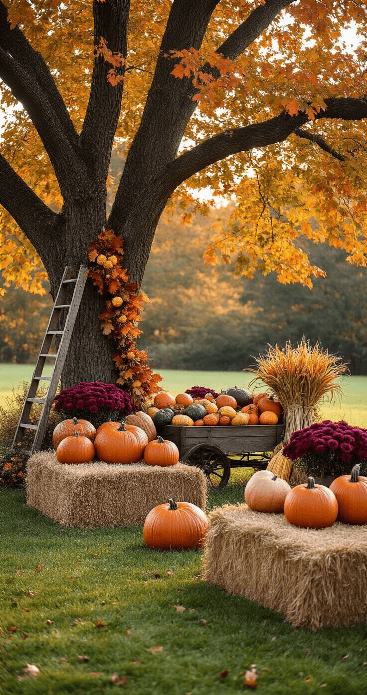 Expansive autumn front yard display featuring large hay bales with heirloom pumpkins, a wooden wagon filled with gourds and corn stalks, and a vintage ladder leaning against an oak tree, all captured in soft morning light with dew on the grass.