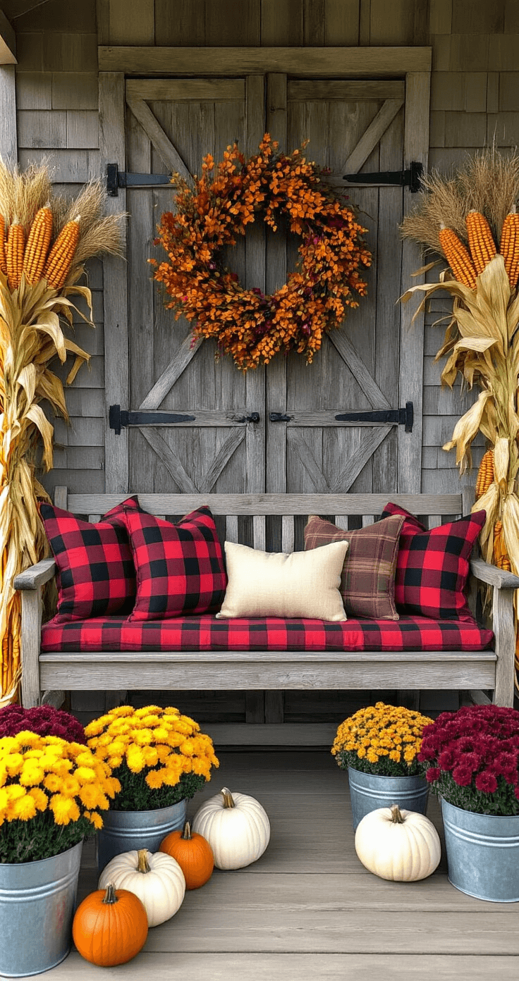 A rustic farmhouse porch scene on an overcast day, featuring vintage wooden benches with buffalo plaid cushions, tall corn shocks, clusters of orange, white, and green pumpkins, trailing bittersweet vine, galvanized metal buckets filled with burgundy and yellow mums, and a wreath of preserved autumn leaves on a weathered barn door, all arranged symmetrically with rich fall colors.