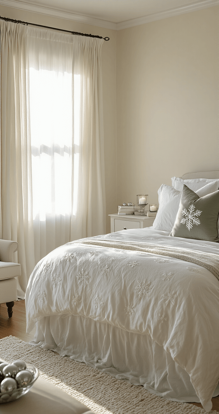 A serene master bedroom at dawn featuring a king bed with winter white linens and sage green throw pillows. Soft morning light filters through sheer curtains, illuminating the cream walls and light hardwood floors. A nightstand holds a small glass bowl of silver ornaments and battery candles, while a cozy reading chair adds to the peaceful ambiance.