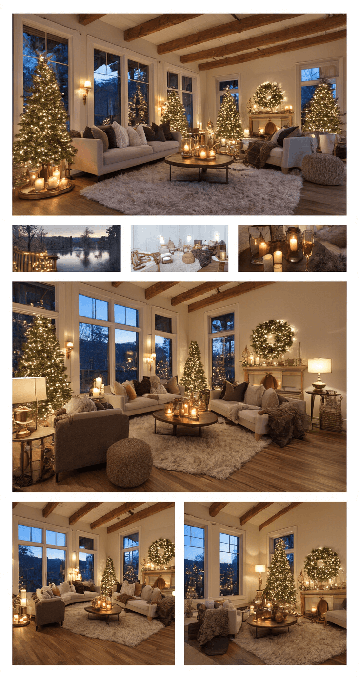 A cozy holiday living space at twilight, featuring warm lighting from fairy lights, candles, and table lamps. Exposed beams and hardwood floors enhance the inviting atmosphere, while mixed metallic accents in gold and copper and natural pine elements add to the festive decor. Plush seating in rich winter tones is arranged in odd-numbered groupings, creating a welcoming environment for storytelling and celebration.