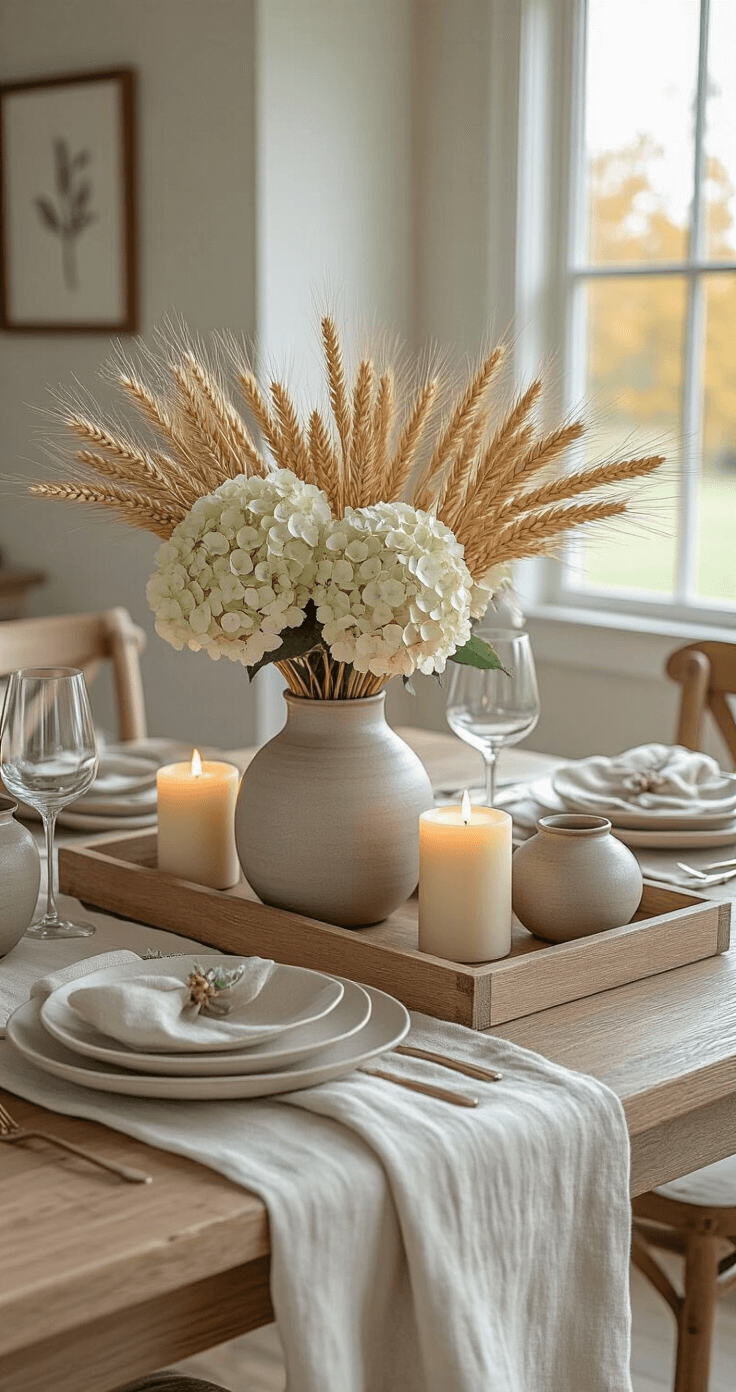 Elegant dining room vignette featuring a neutral fall tablescape with a wooden tray centerpiece of wheat stalks and preserved hydrangeas, surrounded by cream and taupe linen runners. Soft morning light highlights textured ceramic vessels in muted colors of sage green, warm whites, and light browns, with battery-operated candles adding an ambient glow. The natural wood table exhibits subtle grain patterns, captured from a 45-degree angle with intentional negative space for a refined seasonal elegance.