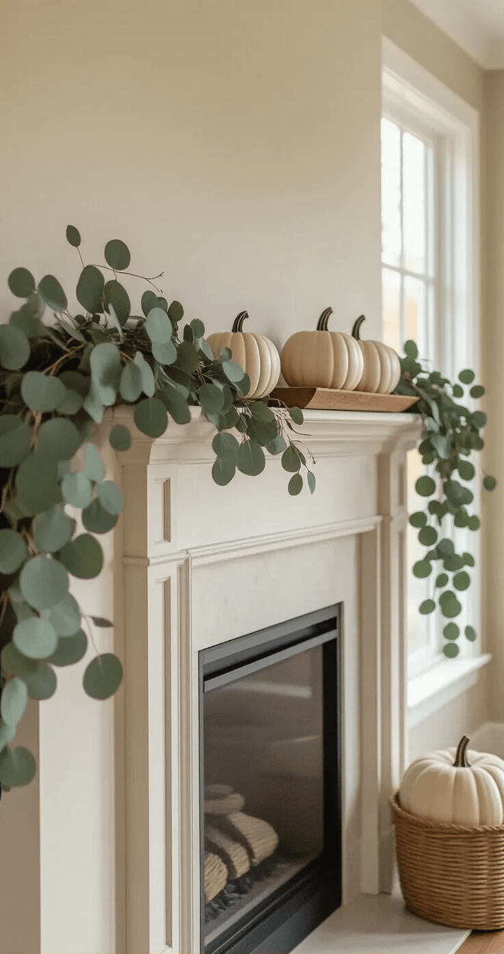 Minimalist mantelpiece adorned with a dried eucalyptus garland in sage green, cream ceramic pumpkins of varying heights, and wooden decorative trays, all bathed in soft morning light. The warm white fireplace surround features subtle architectural details, creating an atmosphere of understated elegance and seasonal warmth in a neutral palette of cream, taupe, light brown, and muted sage.