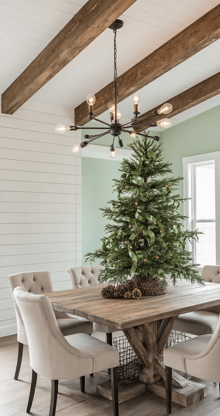 A cozy and sophisticated modern farmhouse dining room featuring a vaulted ceiling with wooden beams, a 7-foot Fraser Fir adorned with forest green and bronze satin ribbons, and an Edison bulb chandelier casting warm light. The rustic dining table with metal hairpin legs is surrounded by linen upholstered chairs, against a sage green shiplap accent wall, while a wire basket of pinecones rests beneath the tree. The low angle wide shot emphasizes the height of the ceiling.