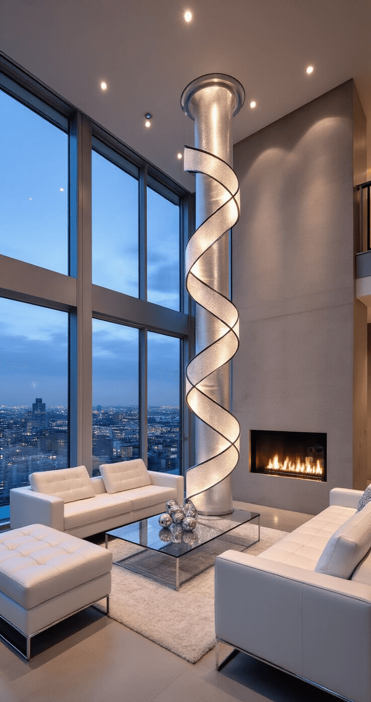 A contemporary penthouse at dusk featuring floor-to-ceiling windows revealing city lights, with a 10-foot White Pine as the focal point adorned with champagne and silver satin ribbons. The space showcases recessed lighting, white leather furniture with chrome accents, a glass coffee table, and a minimalist fireplace, all set against sleek concrete floors in a sophisticated urban holiday atmosphere.
