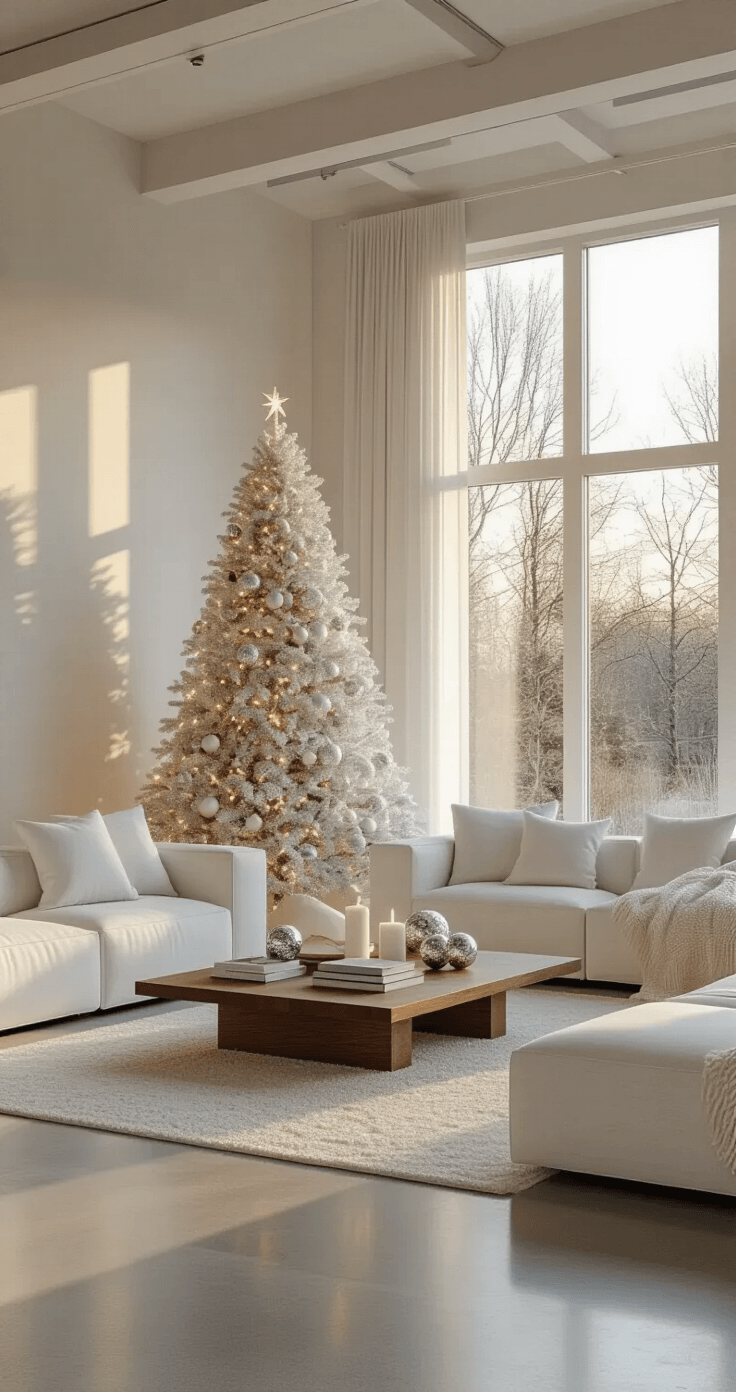 A modern living room featuring a white minimalist Christmas tree adorned with silver ornaments, a contemporary sectional sofa, and warm LED string lights, all illuminated by golden hour light streaming through floor-to-ceiling windows.
