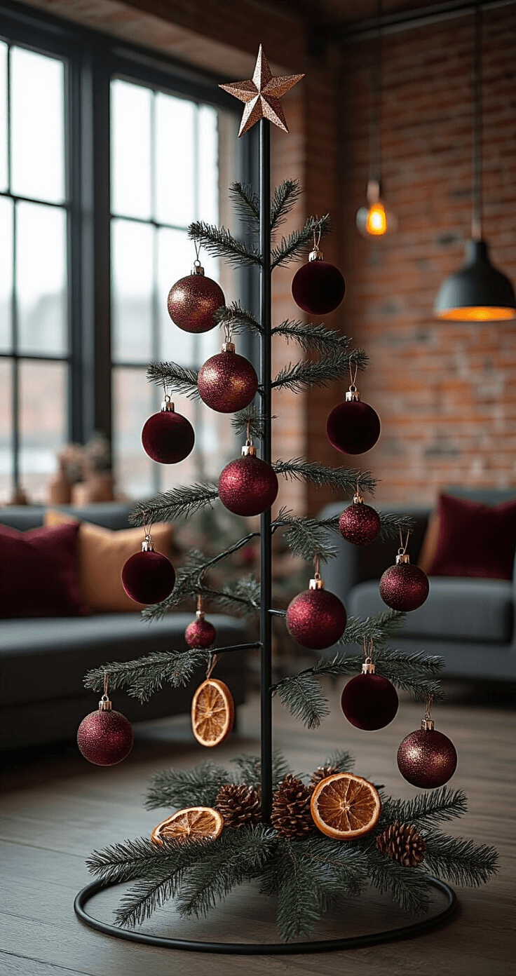 Intimate close-up of a slim black metal Christmas tree frame adorned with burgundy velvet ornaments, rose gold accents, dried orange slices, and natural pine, set in a modern loft with industrial brick walls and warm amber lighting.