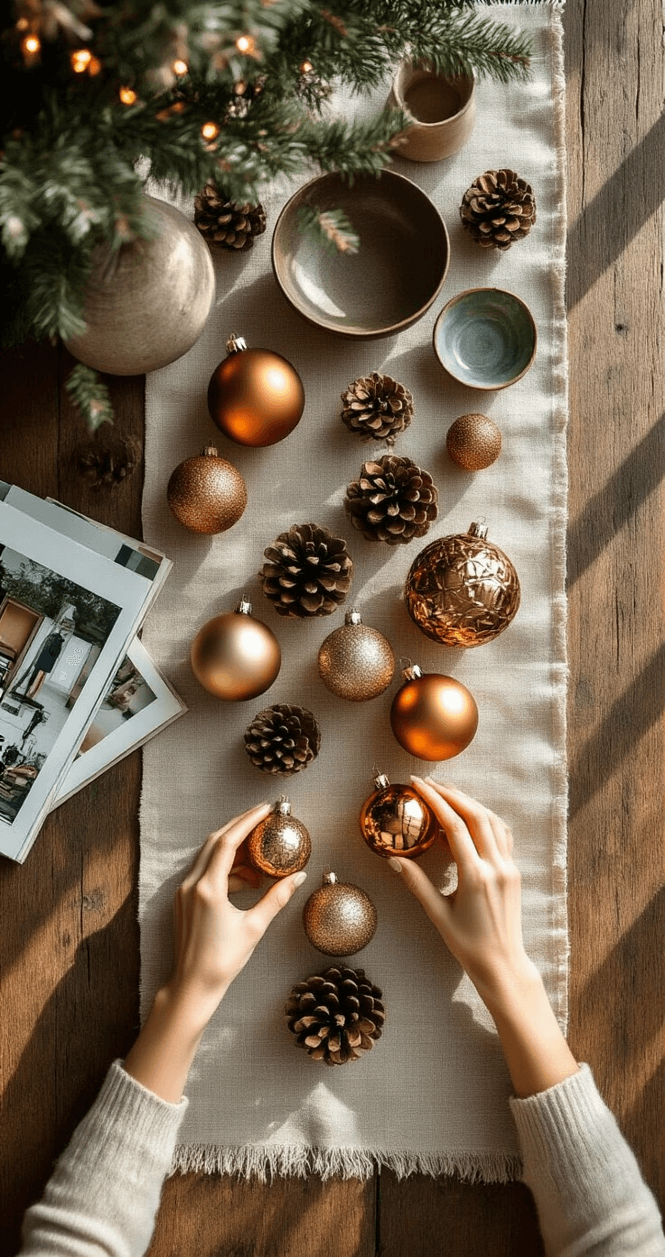 Overhead view of a reclaimed wood dining table adorned with geometric metallic Christmas ornaments, handblown glass pieces, vintage items, and natural pine cones, illuminated by afternoon sunlight. A linen table runner and ceramic bowls are present, with design magazines scattered nearby, while hands delicately arrange the ornaments, showcasing the curation process and varying textures.
