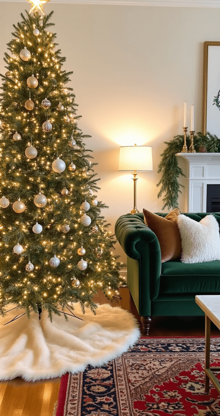 Cozy living room decorated for Christmas, featuring a traditionally-shaped tree with asymmetrical ornaments and warm white LED lights, complemented by a plush forest green velvet sofa, brass table lamps, and a rich Persian rug over hardwood floors, creating an intimate holiday atmosphere.