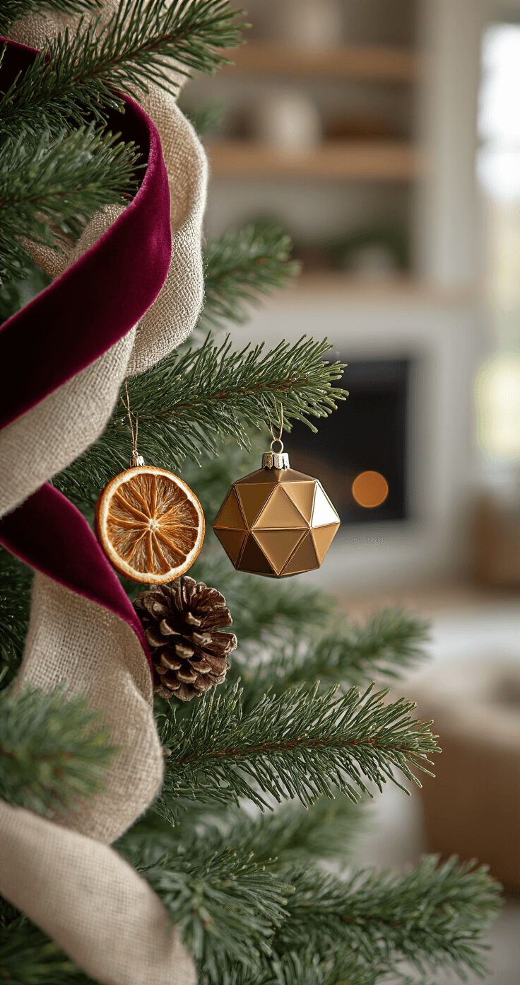 Close-up macro shot of a Christmas tree branch with deep burgundy velvet ribbon and natural linen garland, featuring a geometric brass ornament, dried orange slice, and a cluster of small pine cones, set against a blurred background of a modern fireplace and built-in shelving, emphasizing texture and color harmony with soft morning light.