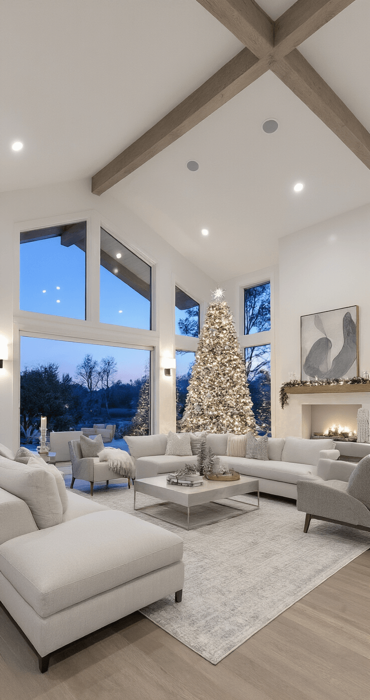 A wide shot of a beautifully transformed holiday room at twilight, showcasing a contemporary great room with vaulted ceilings and exposed beams. The aesthetic Christmas tree is the focal point, surrounded by a clean color palette of white, silver, and natural wood tones. The modern sectional, abstract artwork, and minimal holiday decor enhance the space's cohesion, with layered ambient lighting creating a warm atmosphere ideal for entertaining.