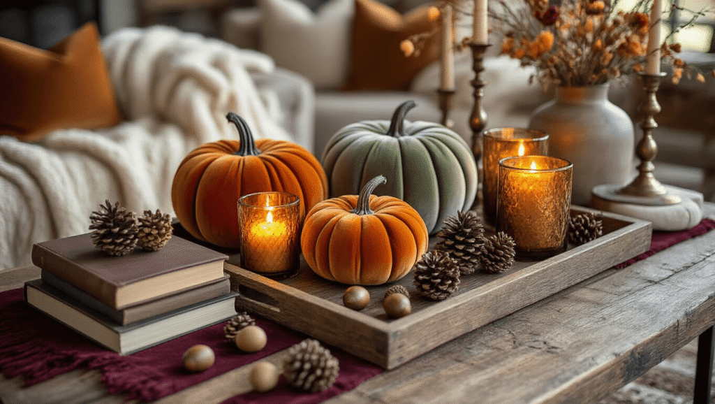 Autumn coffee table decorated with velvet pumpkins, candles, pinecones, and books, bathed in golden hour sunlight.