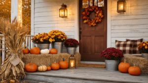 Cinematic autumn porch with pumpkins, mums, lanterns, and cozy decor at golden hour, featuring warm sunlight, weathered wood, and inviting textures.