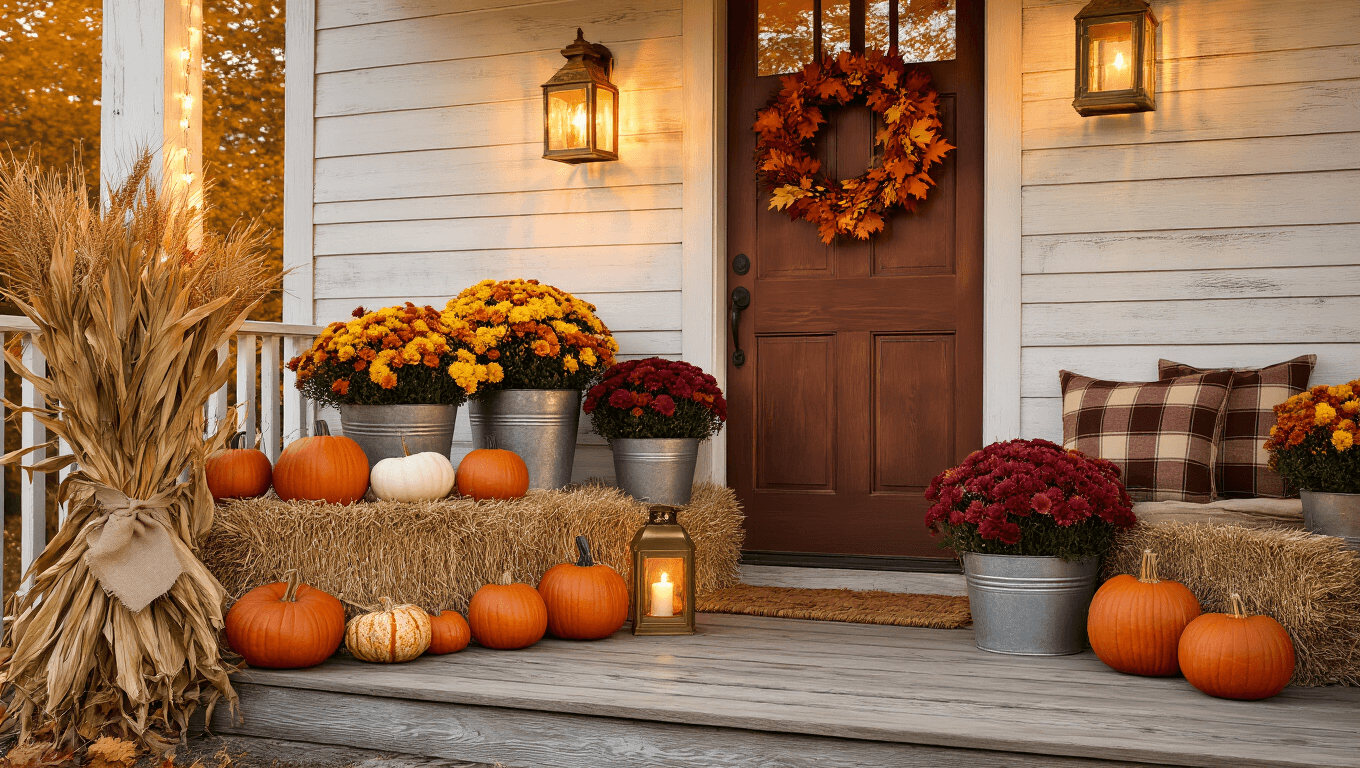 Cinematic autumn porch with pumpkins, mums, lanterns, and cozy decor at golden hour, featuring warm sunlight, weathered wood, and inviting textures.