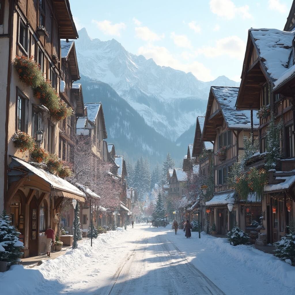 Charming Bavarian-style street scene in Leavenworth, Washington with alpine-inspired wooden architecture, decorative window boxes, and snow-capped mountains in the background in soft morning light