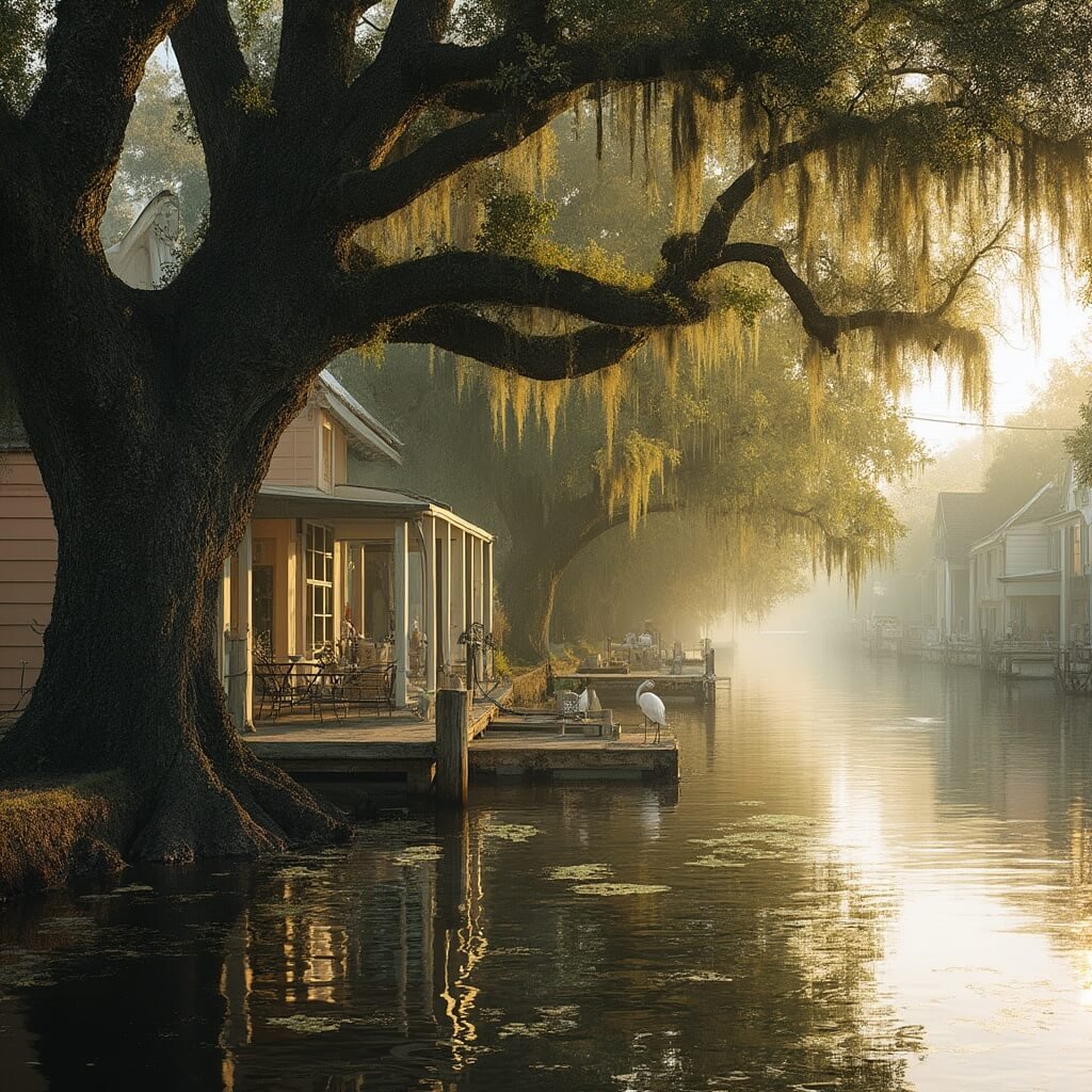 Spanish moss-draped oak trees framing pastel antebellum houses reflecting in a calm South Carolina river at sunset, with wooden dock, white egrets in shallow water, and humid haze lending to southern gothic atmosphere
