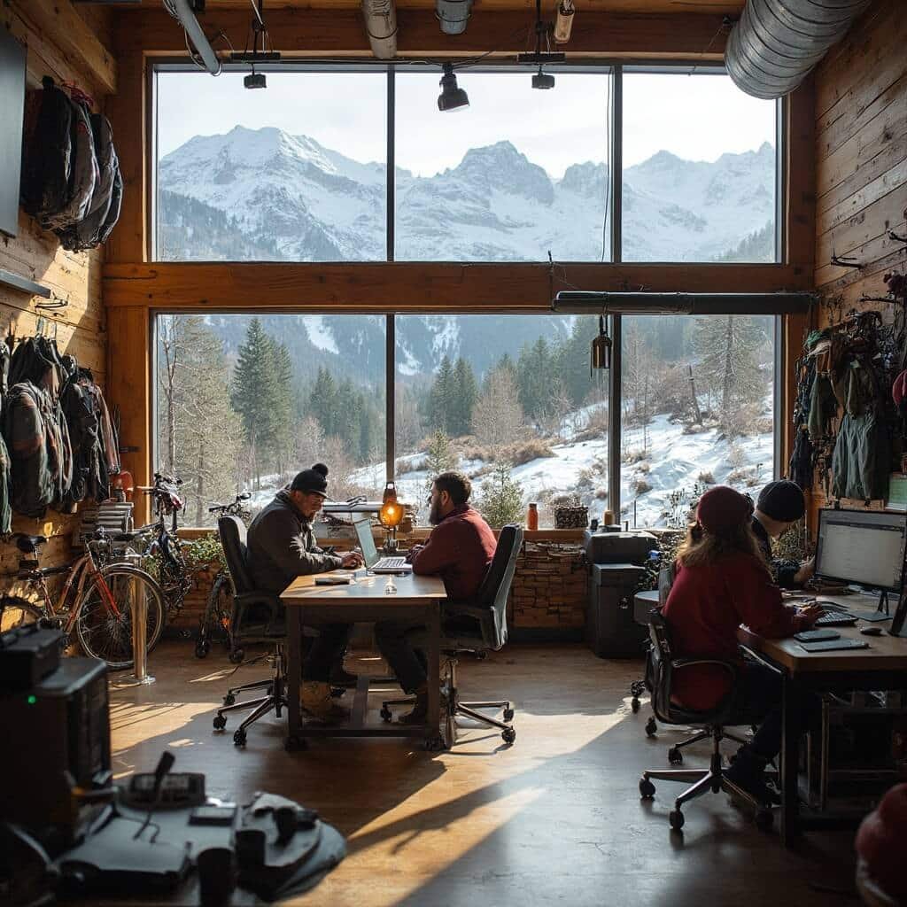 Digital nomads working in a bustling co-working space in Bend, Oregon, with views of snow-capped Cascade peaks, sustainable architecture, high-tech equipment, and mountain bikes parked outside