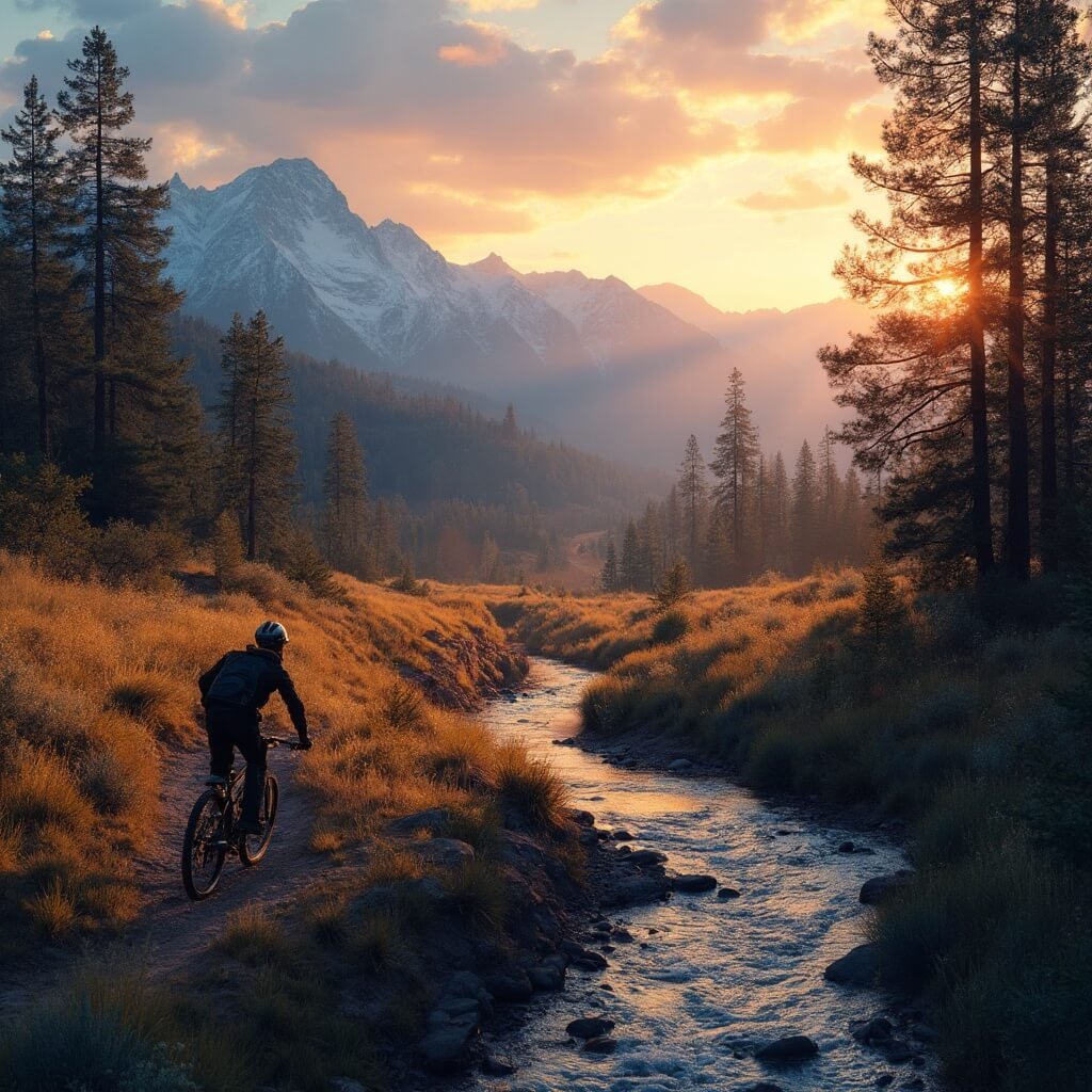 Mountain biker on trail during golden hour in Bend, Oregon with pine forest, crystal clear river, and snow-capped Cascade Mountains in background