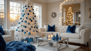 Wide-angle shot of a sophisticated living room at golden hour, featuring a white Christmas tree decorated with navy blue and turquoise ornaments, complemented by a cream sectional and metallic silver accents, all bathed in warm lighting.