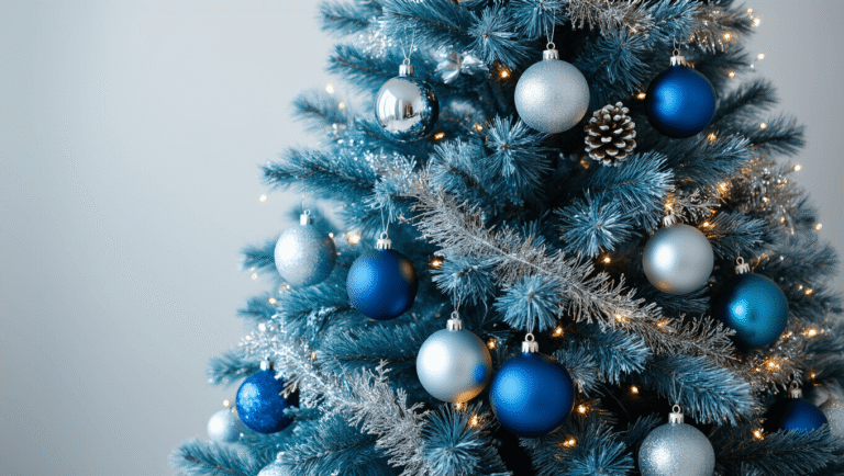 Chill Out: How to Create a Jaw-Dropping Blue Christmas Tree That Will Make Everyone Stop and Stare Cinematic wide-angle shot of a stunning 7-foot blue Christmas tree adorned with silver ornaments and metallic accents, set in a modern living room with warm hardwood floors and natural light, showcasing rich textures and a vibrant color contrast.