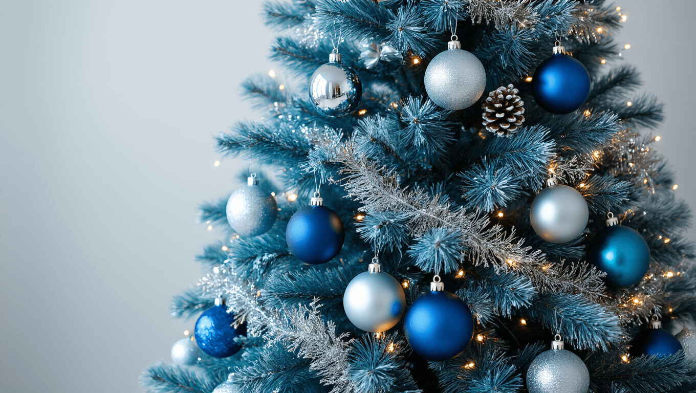 Cinematic wide-angle shot of a stunning 7-foot blue Christmas tree adorned with silver ornaments and metallic accents, set in a modern living room with warm hardwood floors and natural light, showcasing rich textures and a vibrant color contrast.