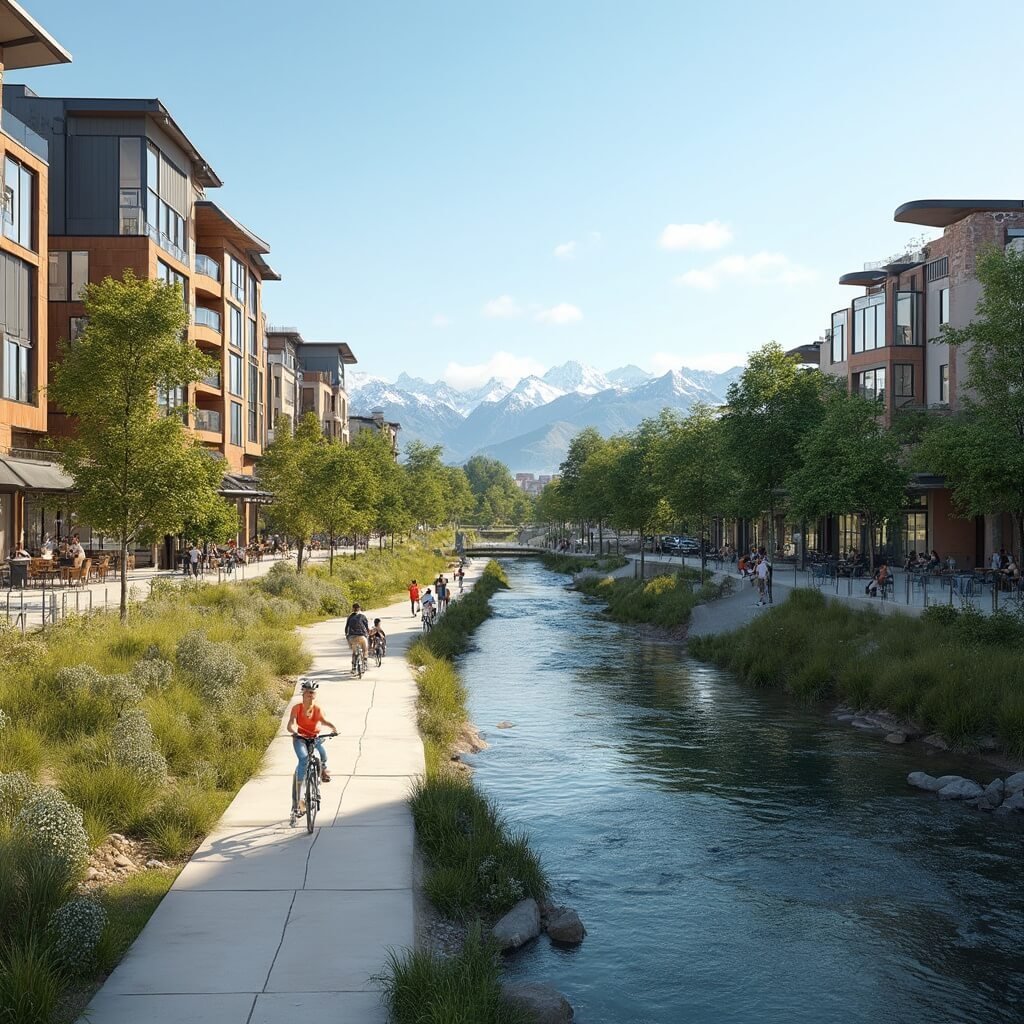 Walkable Small Towns: Where Every Step Tells a Story (And Saves Your Wallet) Modern downtown Boise, Idaho showing urban-nature integration with pedestrians and cyclists on paths, riverside park, outdoor café, mixed housing and commercial spaces, with snow-capped mountains in the background