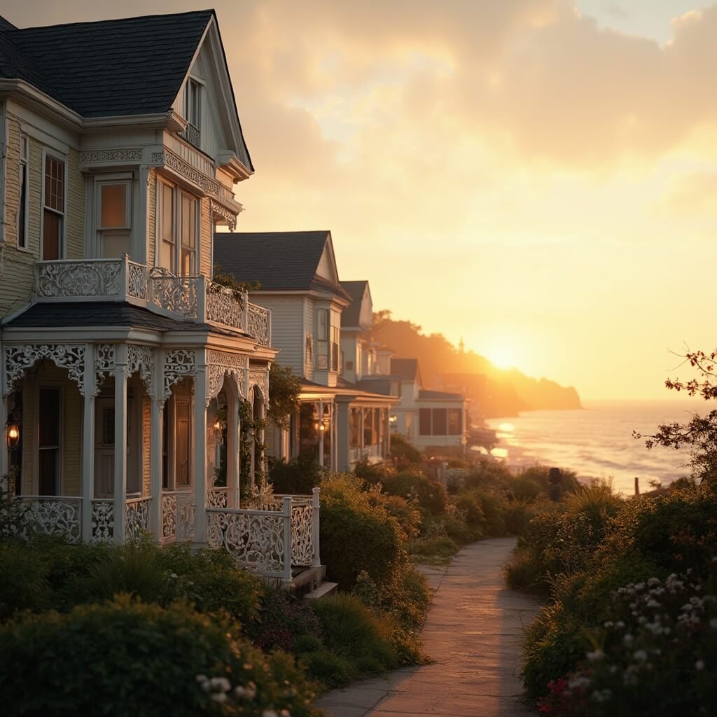 Discover America's Most Swoon-Worthy Small Towns: Your Ultimate Romantic Escape Guide Golden sunset light illuminating historic Victorian houses in Cape May, New Jersey with ocean waves and manicured gardens in the background