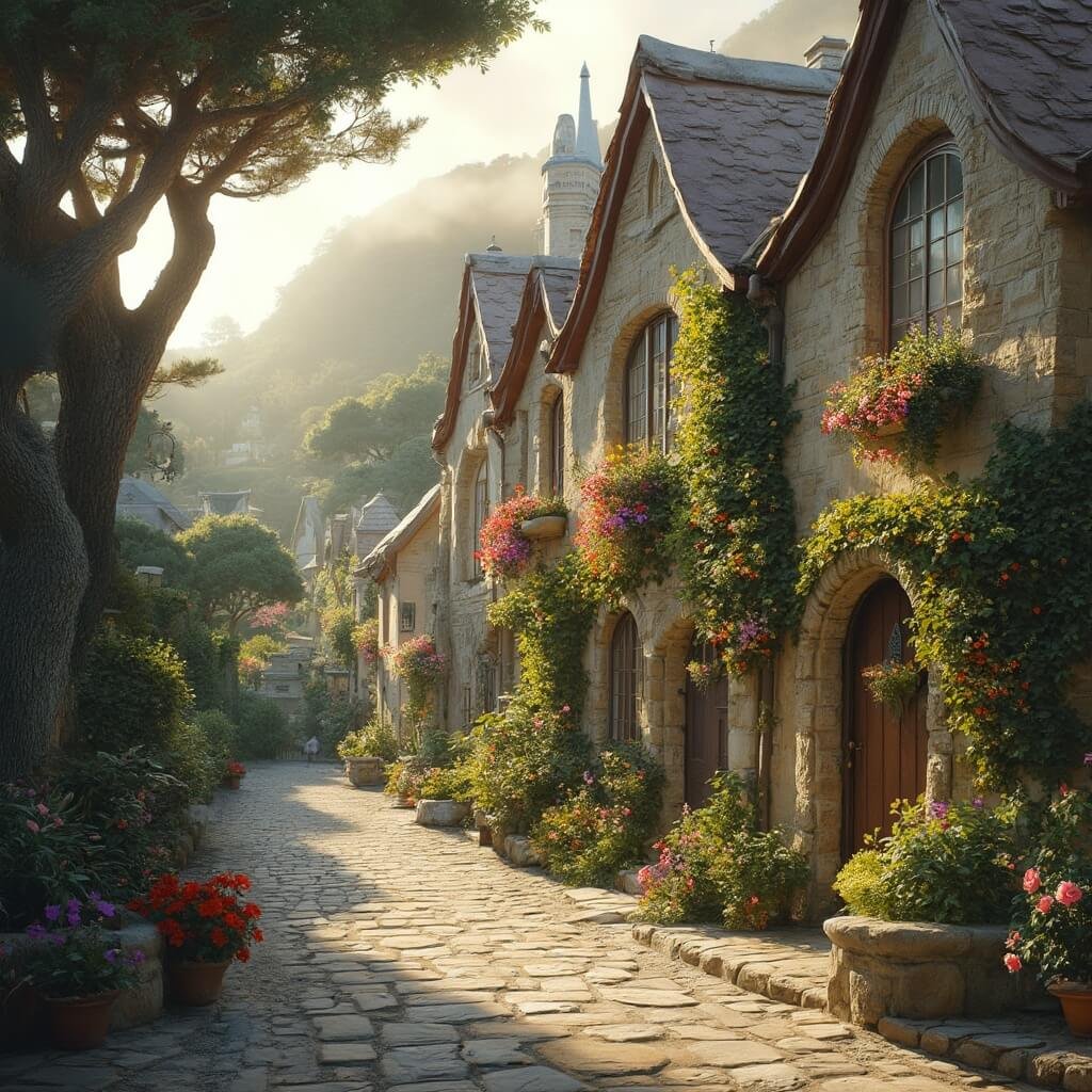 Discover America's Most Swoon-Worthy Small Towns: Your Ultimate Romantic Escape Guide Dreamy fairytale cottage scene in Carmel-by-the-Sea featuring whimsical stone cottages with curved roofs, colorful flower boxes, ivy-covered walls, arched doorways, cobbled pathways, and hidden art galleries, highlighted by a soft golden light filtering through the coastal fog.
