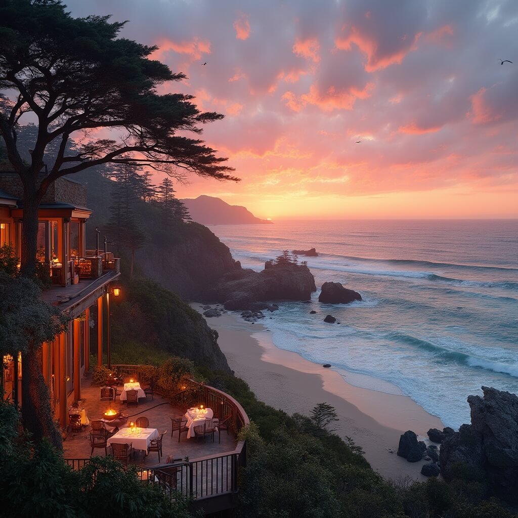Dramatic sunset over Carmel-by-the-Sea coastline with silhouetted cypress trees, oceanfront restaurant terrace, flickering candles on outdoor tables, and soaring seabirds, evoking a romantic seaside atmosphere