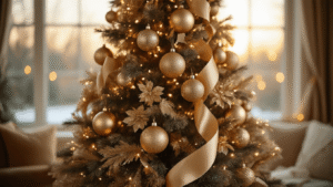 Elegant champagne gold Christmas tree adorned with metallic ornaments and satin ribbon, warmly lit by golden hour light, set against a soft-focus background with luxurious textures.