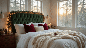 Create a Magical Christmas Bedroom Sanctuary: Your Ultimate Decor Guide Cinematic wide-angle shot of a luxurious Christmas bedroom sanctuary featuring a deep forest green velvet tufted headboard adorned with warm white fairy lights, layered burgundy velvet cushions, cream cashmere throws, and flickering candles, all creating a cozy winter wonderland atmosphere.