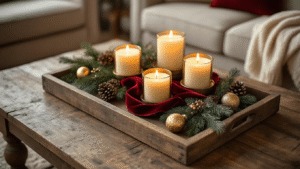 Magical Christmas Coffee Table Decor: Transform Your Living Space in Minutes Cinematic overhead view of a rustic wood coffee table adorned with a weathered wooden tray, flickering candles, deep red velvet ribbon, gold filigree ornaments, fresh pine sprigs, and frosted pinecones, all bathed in warm golden hour light, creating a cozy holiday atmosphere.
