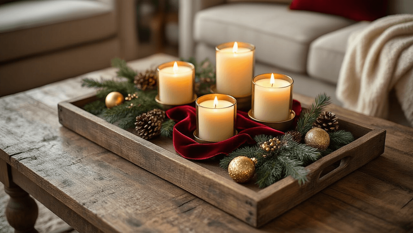Cinematic overhead view of a rustic wood coffee table adorned with a weathered wooden tray, flickering candles, deep red velvet ribbon, gold filigree ornaments, fresh pine sprigs, and frosted pinecones, all bathed in warm golden hour light, creating a cozy holiday atmosphere.