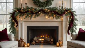Christmas Garland Decor: The Ultimate Styling & Setup Guide Cinematic wide-angle shot of a luxurious living room mantel adorned with evergreen garland, amber fairy lights, burgundy velvet ribbon, vintage brass candlesticks, and festive seasonal decorations, creating a warm and inviting atmosphere at golden hour.