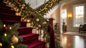 Magical Christmas Staircase Decor: Transform Your Home's Festive Focal Point Cinematic wide-angle view of an elegant mahogany staircase adorned with lush pine garland, twinkling golden fairy lights, cascading burgundy velvet ribbons, and glimmering gold ornaments, captured in warm golden hour lighting, showcasing rich textures and a sophisticated holiday atmosphere.