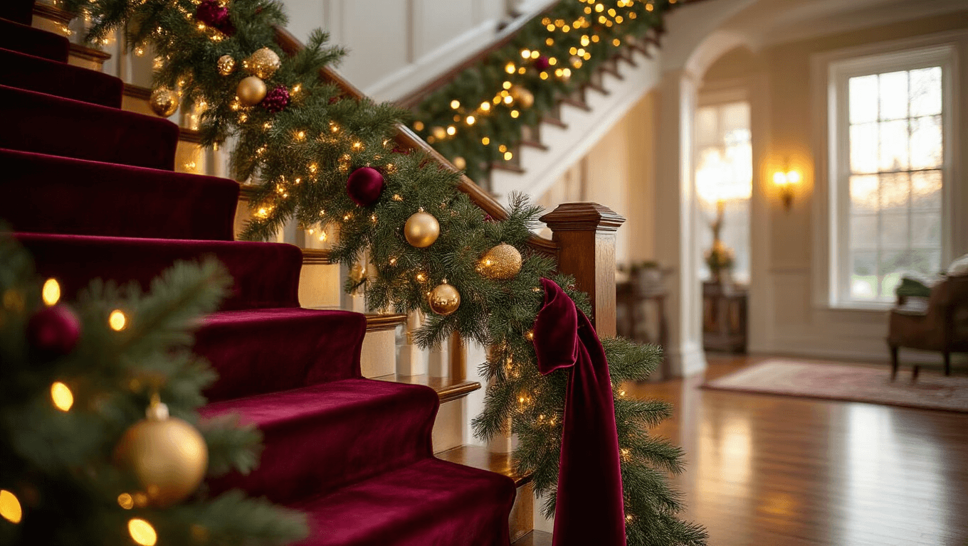 Cinematic wide-angle view of an elegant mahogany staircase adorned with lush pine garland, twinkling golden fairy lights, cascading burgundy velvet ribbons, and glimmering gold ornaments, captured in warm golden hour lighting, showcasing rich textures and a sophisticated holiday atmosphere.