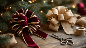 Mastering Christmas Tree Bows: The Ultimate Styling Guide Cinematic close-up of materials for creating elegant Christmas tree bows, including metallic gold ribbon, burgundy velvet ribbon, and rustic burlap, set on a weathered wooden surface with warm lighting and blurred festive background.