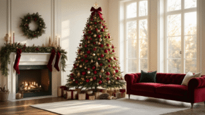 Elegant modern living room with a 9-foot Christmas tree adorned in cardinal red, forest green, and champagne gold ornaments, accompanied by a rich burgundy velvet sofa and warm golden hour sunlight.