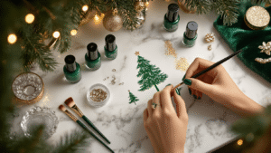 Festive Christmas Tree Nails: Your Ultimate Holiday Nail Art Guide Cinematic overhead shot of a marble vanity workspace with Christmas tree nail art in progress, featuring emerald green polish, gold glitter, and silver rhinestones, surrounded by festive greenery and twinkling lights.