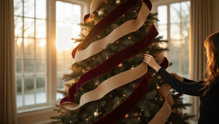 How to Add Ribbon to Your Christmas Tree Like a Design Pro A beautifully decorated 8-foot Christmas tree in a luxurious living room during golden hour, featuring cascading burgundy velvet, champagne satin, and rustic burlap ribbons, with warm sunlight illuminating the textures. In the foreground, ribbon spools and scissors sit on a marble coffee table, while the background showcases rich hardwood floors and elegant furnishings, all captured with shallow depth of field to highlight the intricate details.