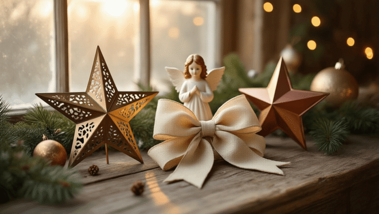 Ultimate Christmas Tree Toppers Guide: Transform Your Holiday Decor Cinematic close-up of elegant Christmas tree toppers including a brass star, porcelain angel, burlap bow, and geometric copper star on a rustic wooden surface, with warm lighting and cozy holiday atmosphere.