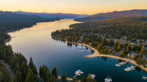 Escape to Paradise: Why Coeur d'Alene is Your Ultimate Mountain Lake Playground "Aerial view of Coeur d'Alene Lake at sunset, featuring surrounding forests, mountains, the lakefront town with marinas and beaches, Tubbs Hill peninsula, and Centennial Trail lit by warm sunlight"
