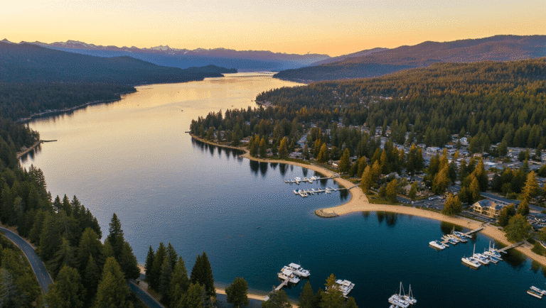 Escape to Paradise: Why Coeur d'Alene is Your Ultimate Mountain Lake Playground "Aerial view of Coeur d'Alene Lake at sunset, featuring surrounding forests, mountains, the lakefront town with marinas and beaches, Tubbs Hill peninsula, and Centennial Trail lit by warm sunlight"