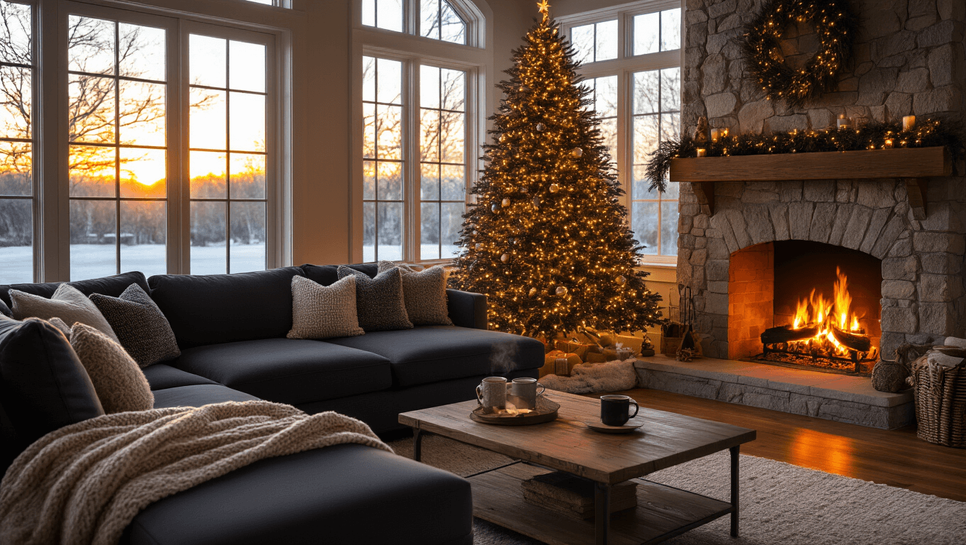 A cozy living room decorated for Christmas, featuring a Fraser fir tree with warm lights, a stone fireplace, and a plush sectional sofa, all bathed in golden hour light.