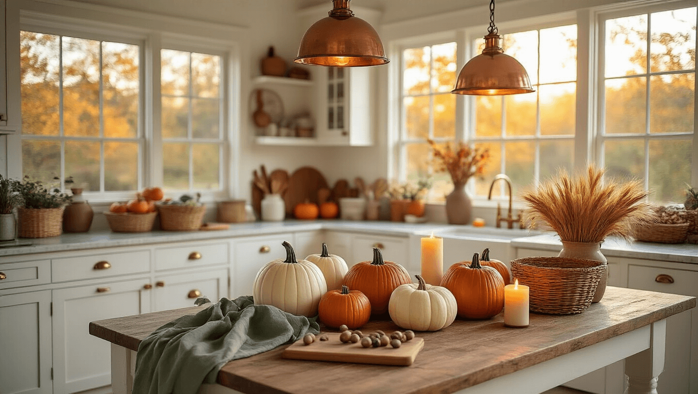A cozy farmhouse kitchen decorated for fall, featuring white shaker cabinets, a reclaimed wood island with pumpkins, copper pendant lights, marble countertops, and warm sunlight creating an inviting atmosphere.
