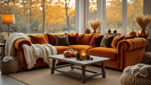 Cozy Fall Living Room Decor: Transform Your Space into an Autumnal Retreat Cinematic wide shot of a luxurious fall living room featuring a burnt orange velvet sofa, chunky knit throws, and decor elements like ceramic pumpkins and pinecones, all bathed in warm amber lighting.