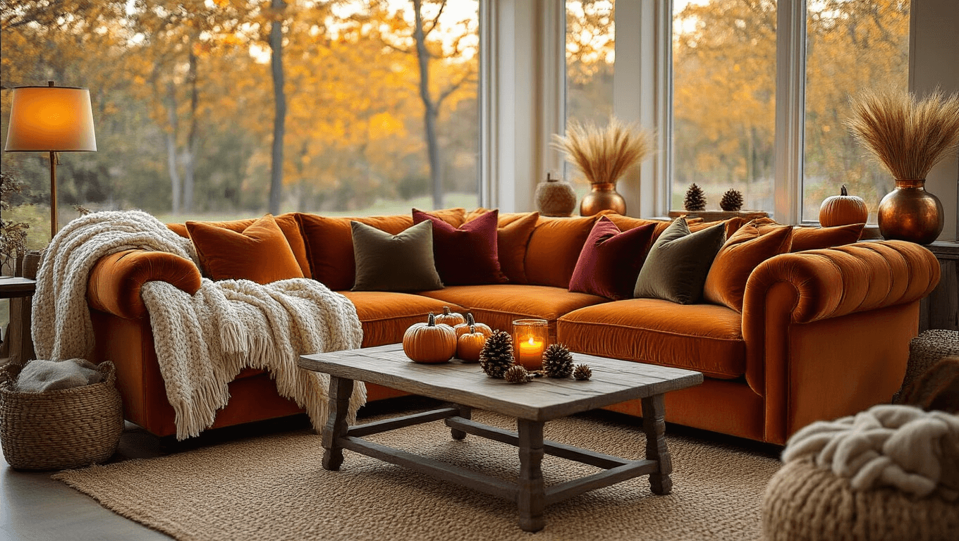 Cinematic wide shot of a luxurious fall living room featuring a burnt orange velvet sofa, chunky knit throws, and decor elements like ceramic pumpkins and pinecones, all bathed in warm amber lighting.