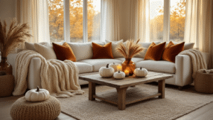 Cinematic wide shot of a cozy fall living room featuring a cream sectional sofa with chunky knit throws and rust velvet pillows, a reclaimed wood coffee table adorned with white ceramic pumpkins, and soft wool area rug, all bathed in warm golden sunlight.