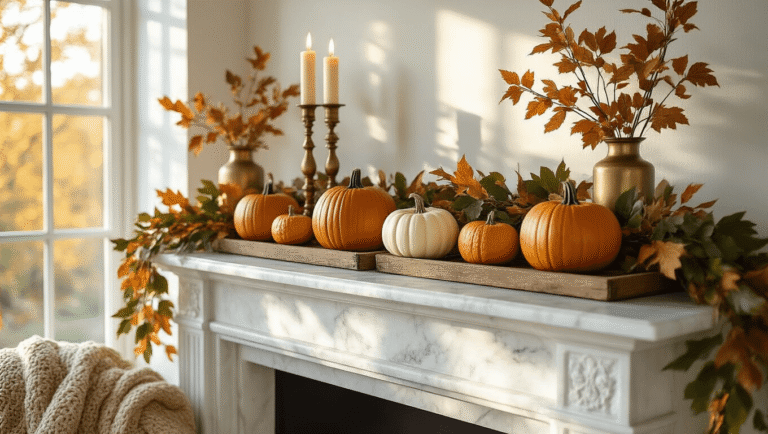 Cozy Fall Mantle Decor: Transform Your Space with Autumnal Warmth Cozy autumn fireplace mantle with faux pumpkins, brass candleholders, and a lush garland, illuminated by warm golden hour sunlight.